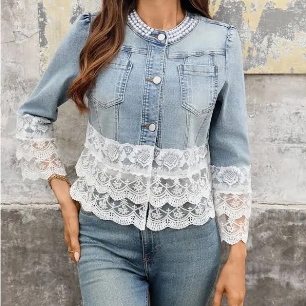 Denim Shirt with Lace Trim